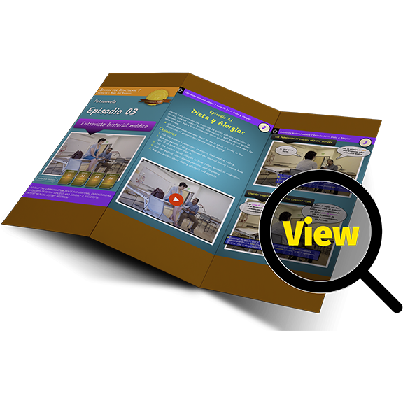 Depiction of a fotonovela styled comic book that students use to reference the video dialog, grammar, and cultural competency
                    objectives in context of each scene.
